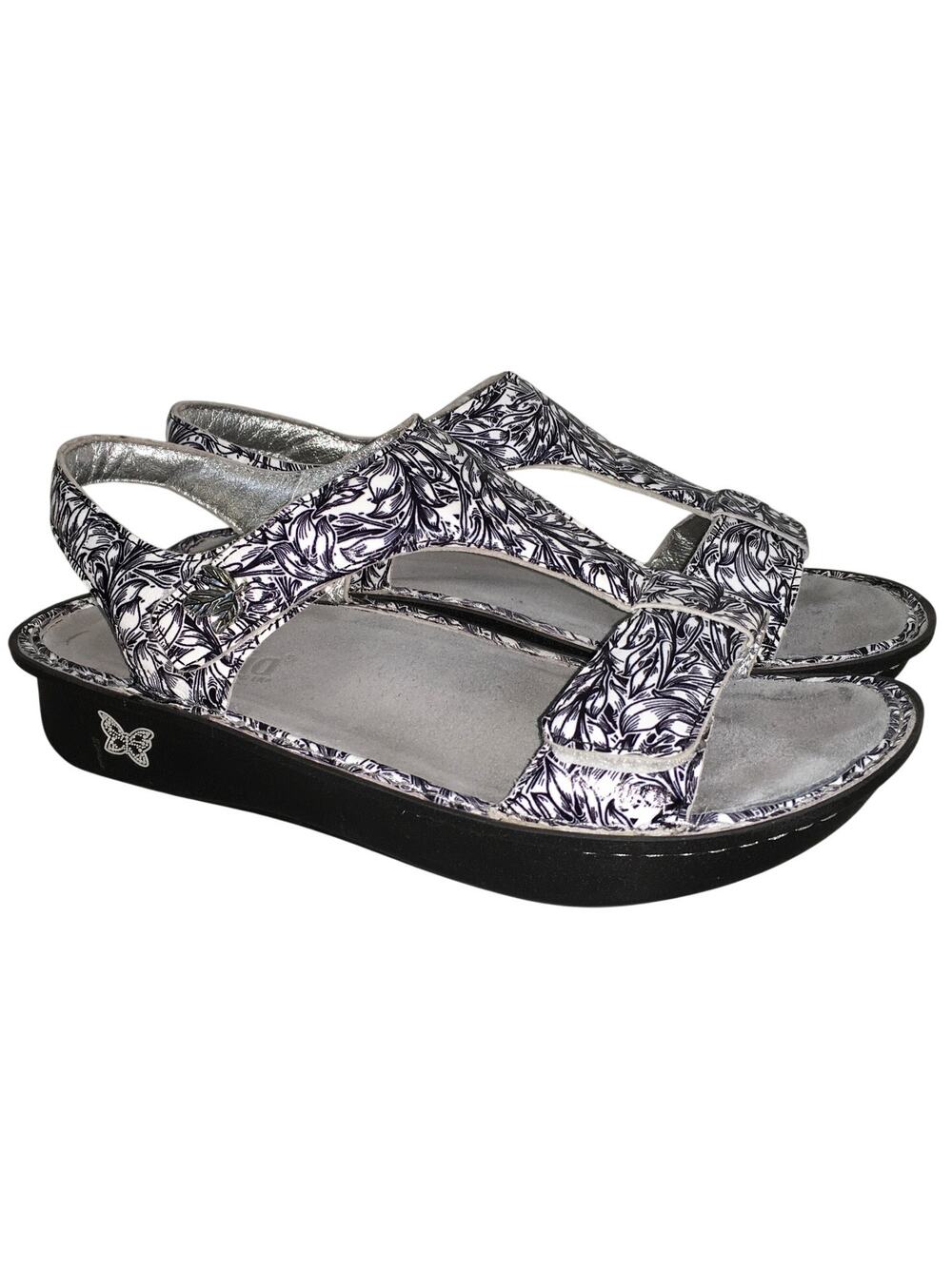 Alegria Kenadi T Strap Sandal Womens 42 11.5-12 Black White Floral Leather Indie